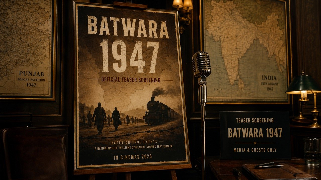 A dramatic Partition-era railway platform at dusk with vintage trains and crowds, evoking a 1947 period film teaser