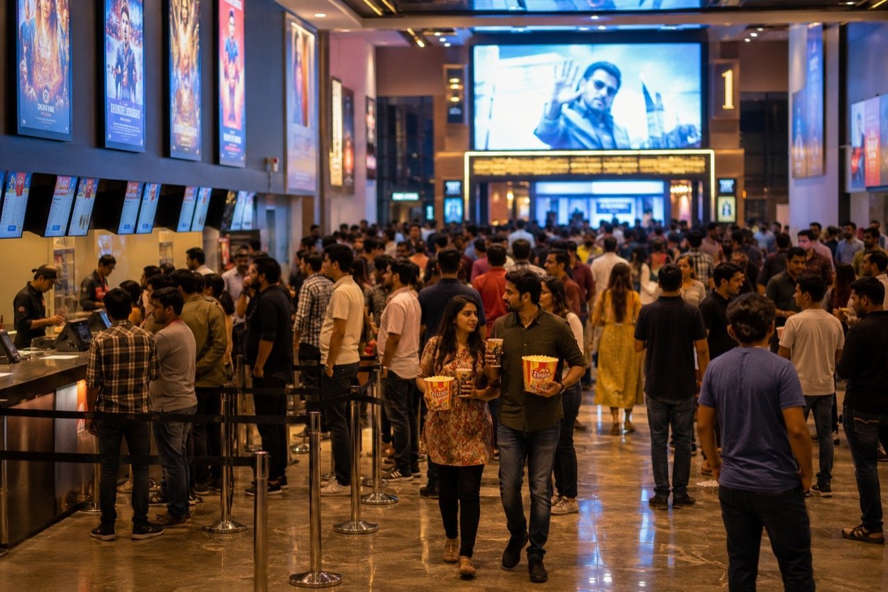 A brightly lit Indian cinema marquee at night with crowds queuing under Bollywood film posters and glowing ticket counters