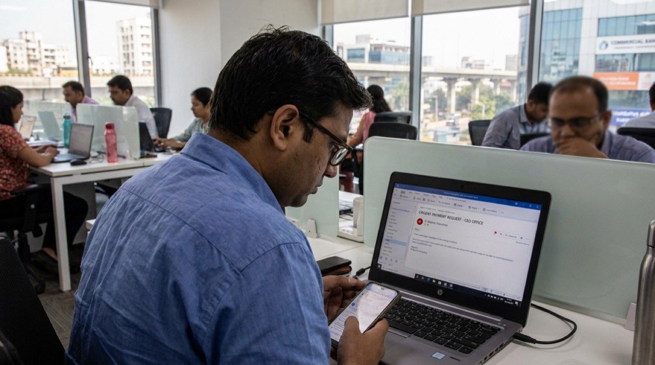 A finance employee at a laptop receiving a suspicious urgent payment request appearing to come from a company executive