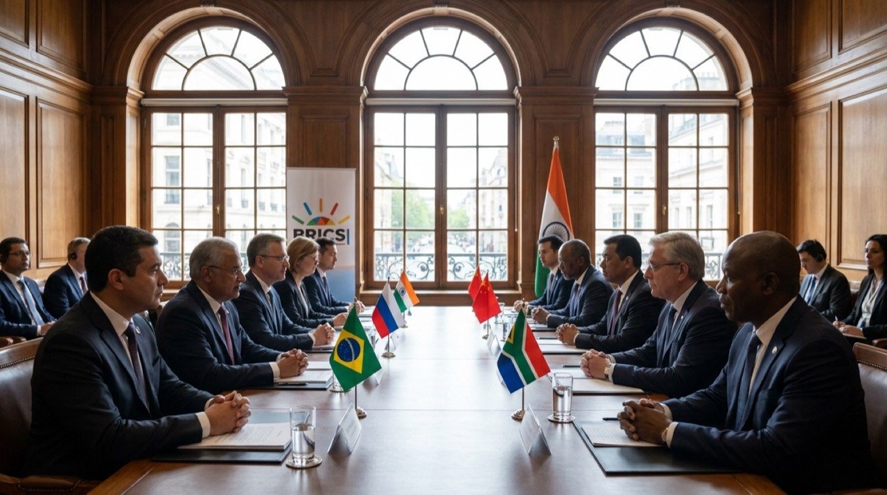 National security officials seated at a BRICS meeting table with member-country flags in New Delhi.