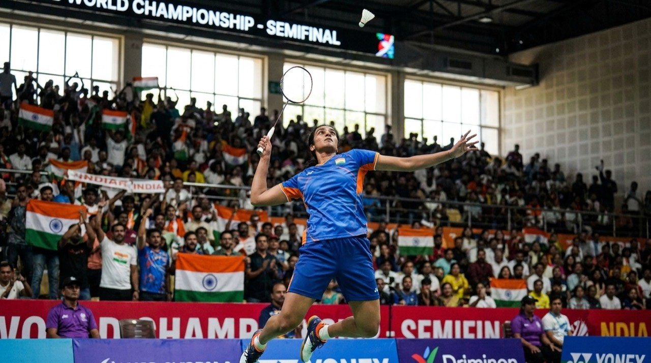 A badminton player leaping for a smash inside a packed indoor arena during a world-level tournament.