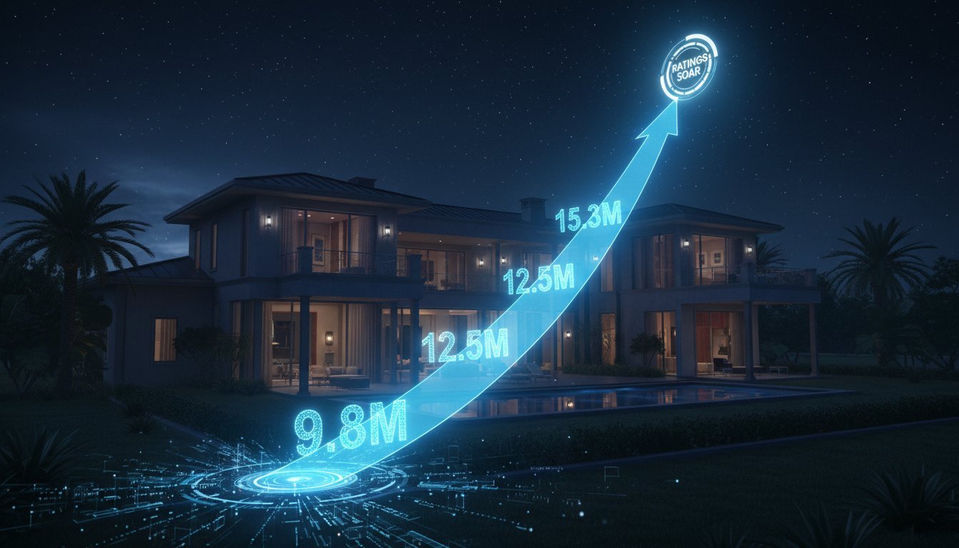A reality-show house at night with a rising viewership graph in millions, illustrating ratings growth
