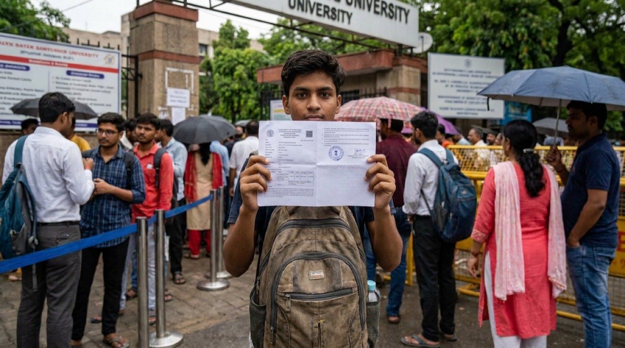 CBSE Class 12 student holding a revised marksheet after re-evaluation during the college admission season in India