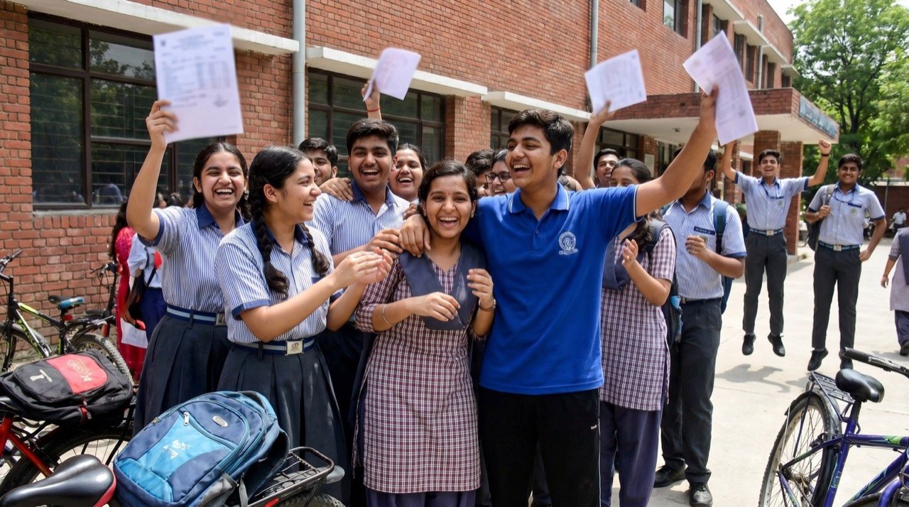 Anxious students checking exam results on a smartphone outside a university administration building.