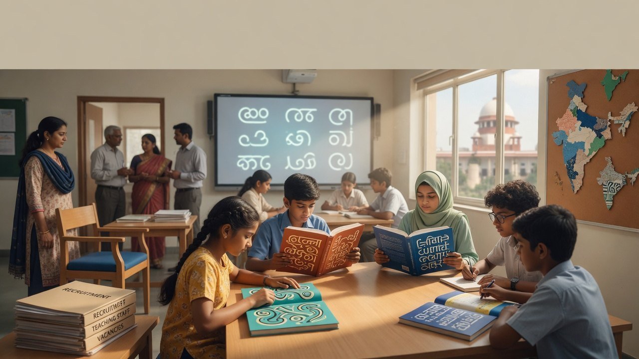 Schoolchildren read books in several Indian scripts in a classroom as a Supreme Court image and a language map look on