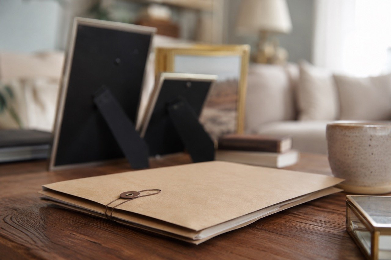 A quiet home interior with legal papers on a table beside a family photo frame, soft window light and long shadows conveying private strain under public attention, 16:9 composition.