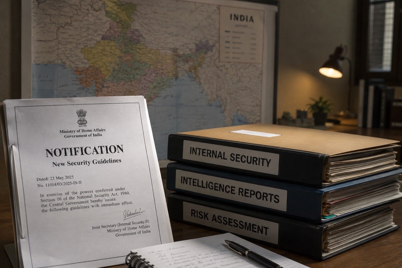 Official government files and a security dossier on a desk in New Delhi, symbolising India's expanded list of designated terrorists