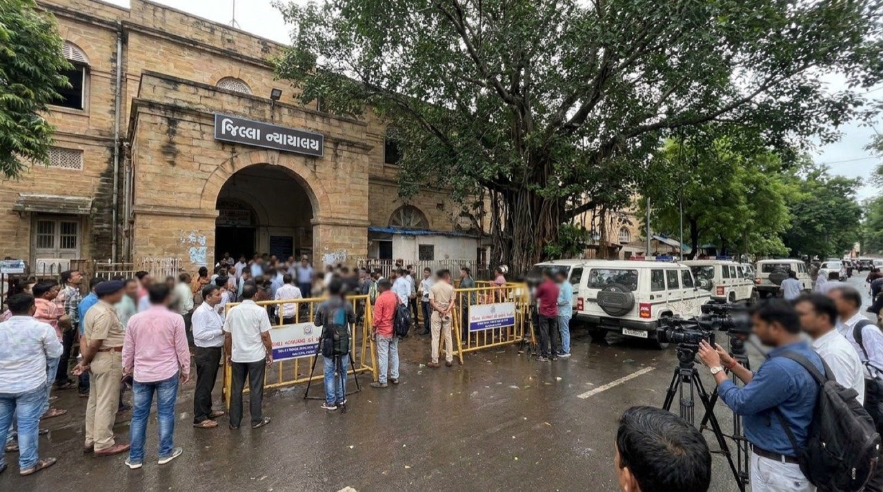 A Gujarat district court building where AAP MLA Chaitar Vasava was sentenced in the forest officials case