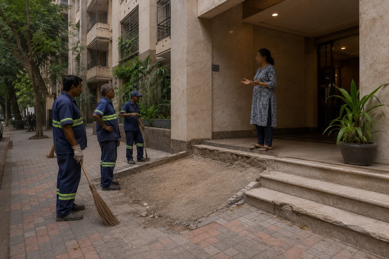 A middle-aged Indian actor gesturing towards demolished concrete rubble outside a residential gate as municipal workers stand nearby