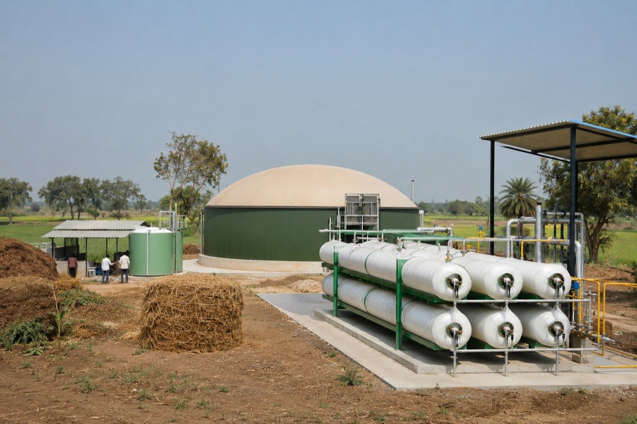 A compressed biogas plant with green storage tanks beside farmland in rural Chhattisgarh, with farm workers moving crop residue nearby