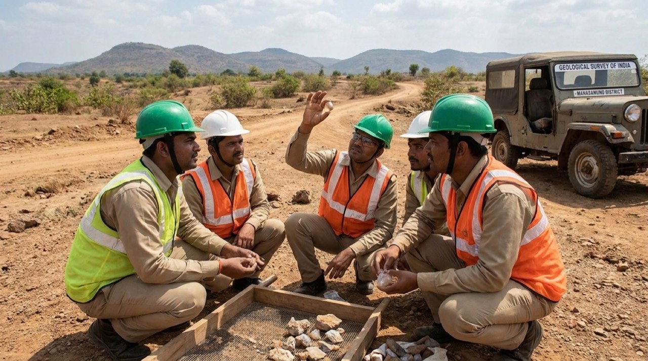 Geologists conducting mineral exploration in Chhattisgarh, illustrating the discovery of gem-quality diamonds in Mahasamund district