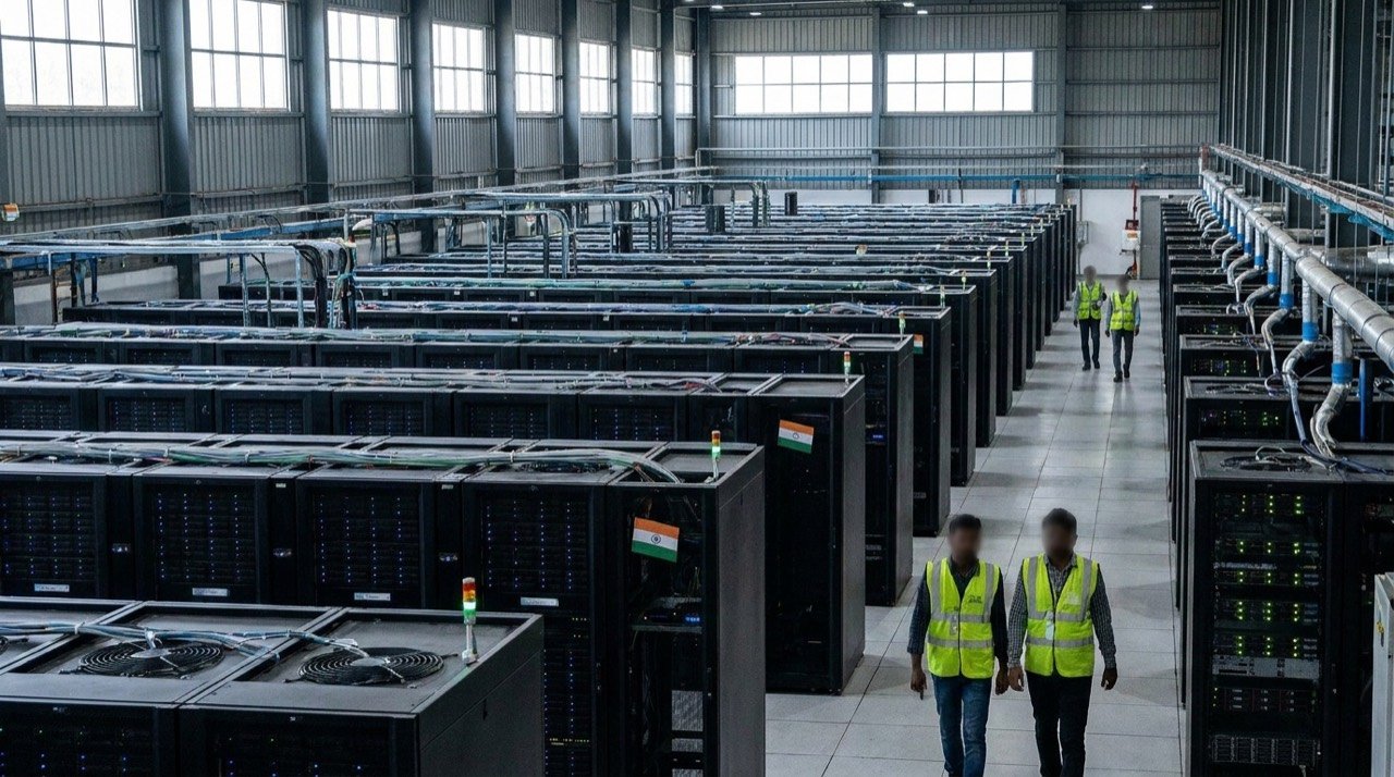 Rows of supercomputer server racks illuminated in a large data centre hall.