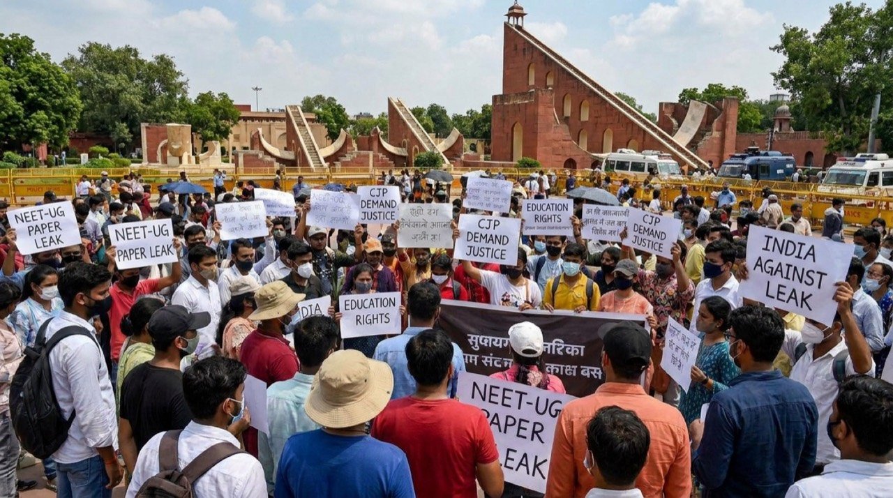 Protesters gathered at Jantar Mantar in Delhi during the CJP demonstration over the NEET-UG paper-leak issue