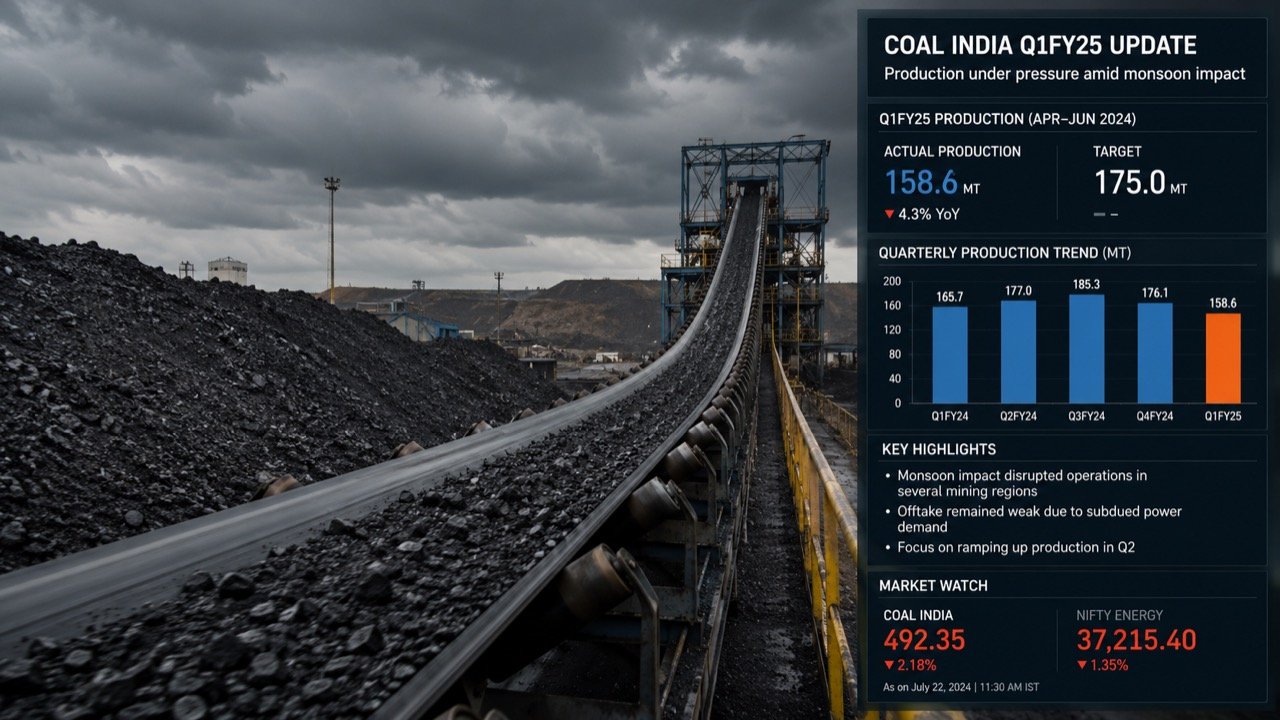 Heavy excavators and haul trucks working an open-cast coal mine under dark monsoon clouds, coal stockpiles in the foreground