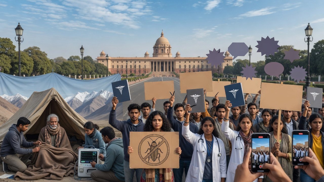 Young protesters outside Parliament hold a cockroach placard beside NEET medical students and a hunger-strike tent
