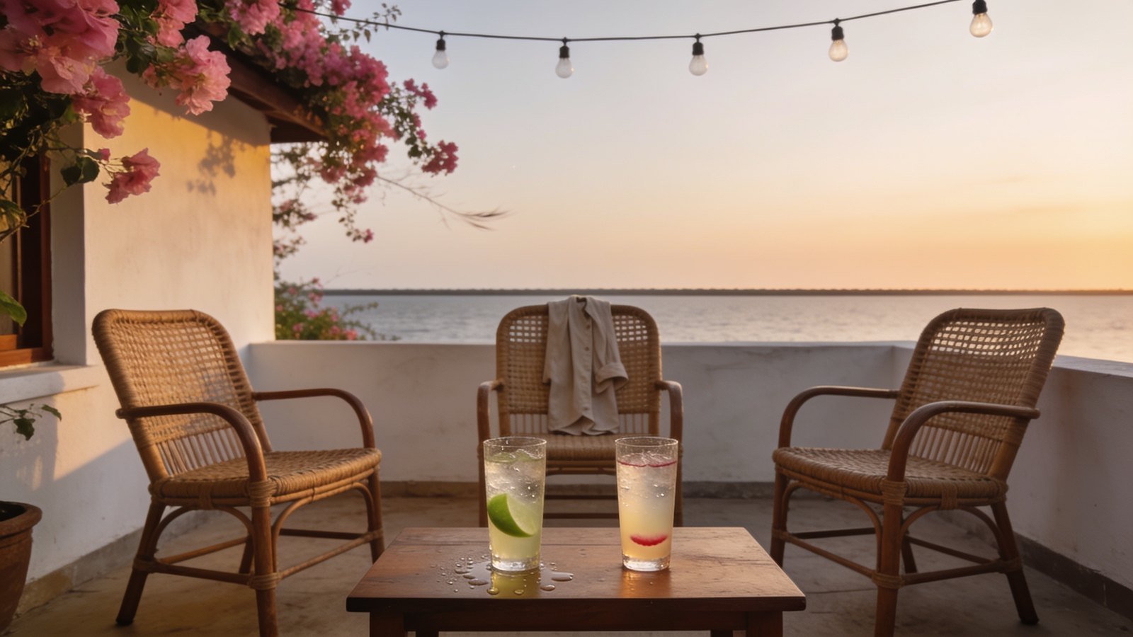Two half-finished cocktails on a sunset terrace table beside an empty cane chair with a shirt over it.