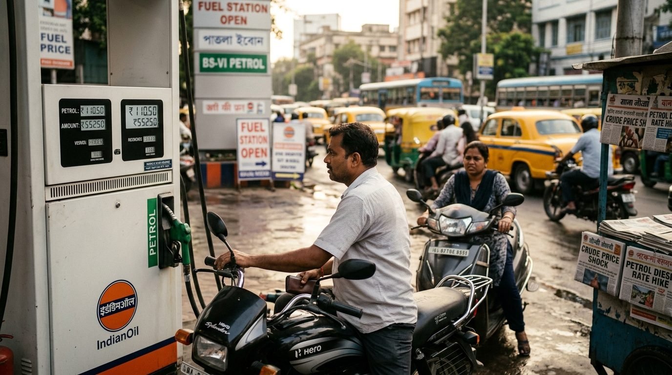 Illustrative image for the story: Oil Shock Tests India: Fuel Hikes, Wider Deficit Risk Loom Over Recovery