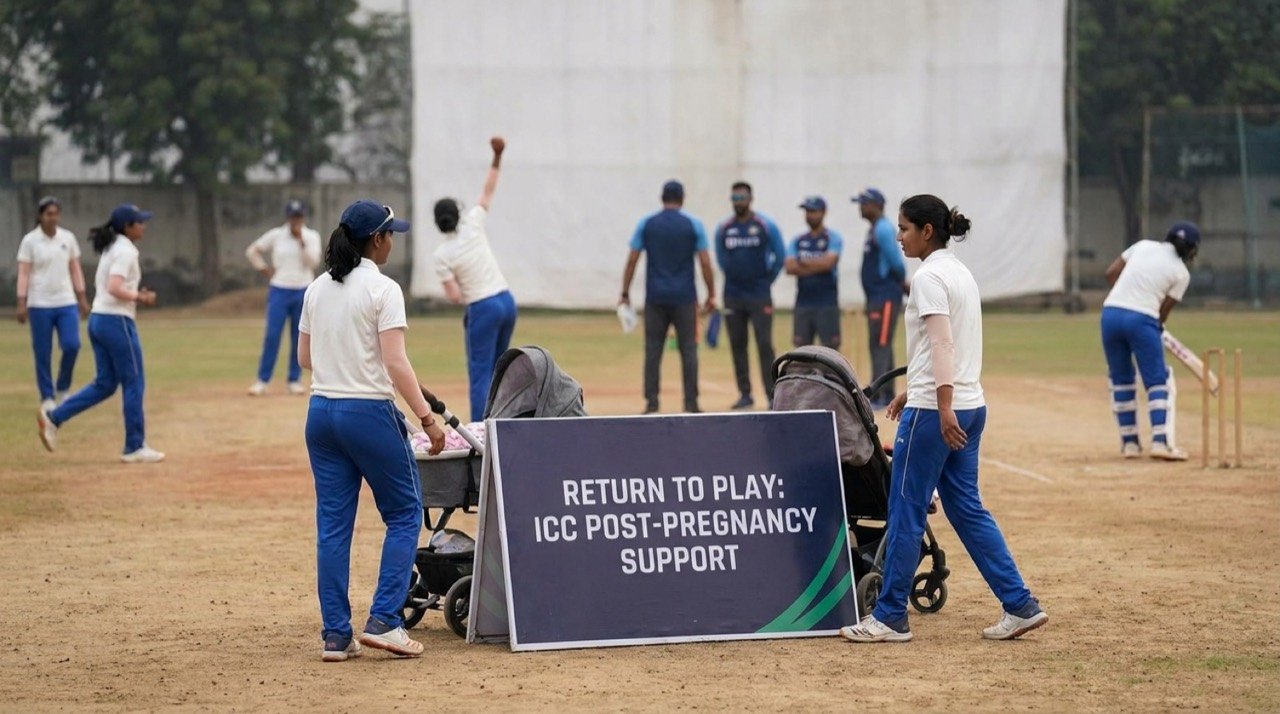 Women cricketers training on a pitch, illustrating ICC post-pregnancy return-to-play guidelines