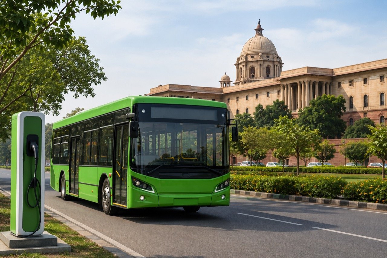 Electric vehicles charging at a modern charging station on a tree-lined Delhi street, with city buses and the urban skyline in the background under a hazy sky
