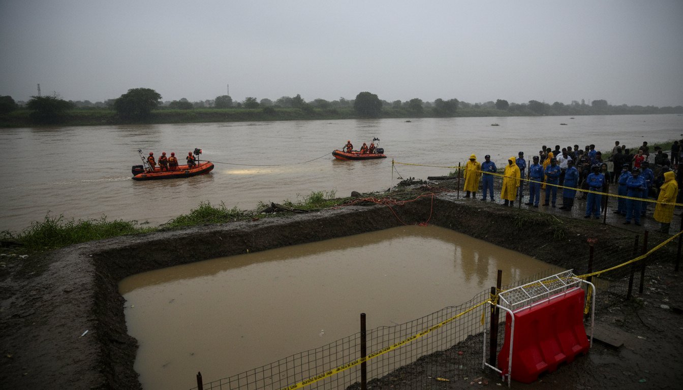 Rescue teams in inflatable boats search a swollen river beside a water-filled pit during Delhi monsoon flooding