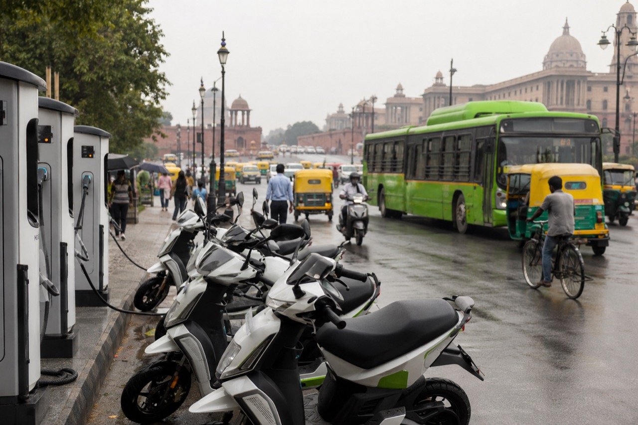 Electric scooters and cars charging at a public charging station on a Delhi street, with the city skyline hazy in the background