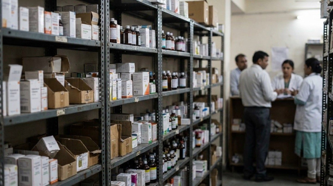Shelves of medicines in a public hospital pharmacy, illustrating a probe into Delhi health procurement irregularities