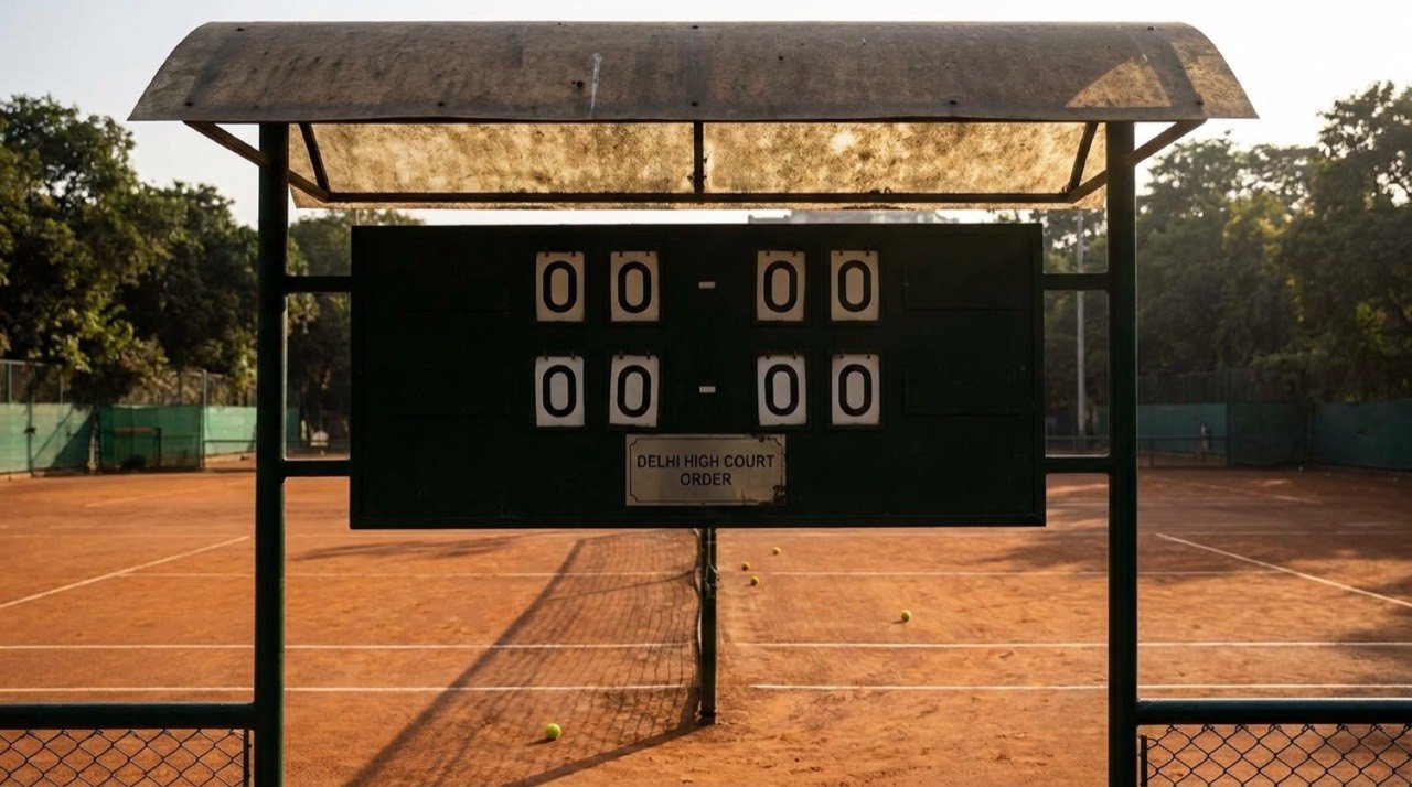 Empty tennis court with an official scoreboard, symbolising the Delhi High Court order resetting All India Tennis Association elections