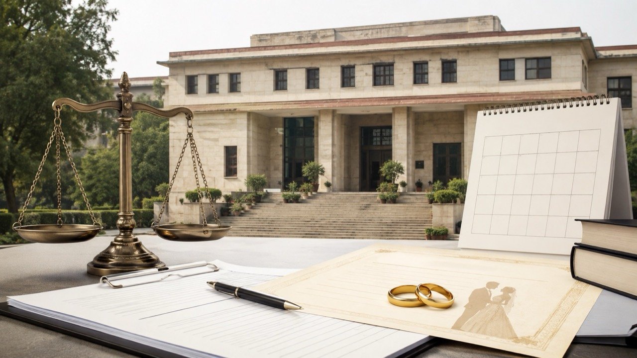 Facade of the Delhi High Court building, where a bench refused to waive the 30-day notice period under the Special Marriage Act for a couple citing an overseas job deadline.
