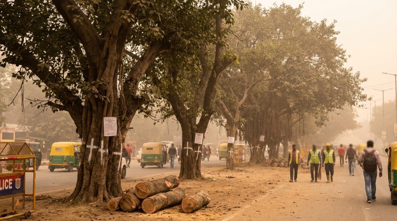 Mature roadside trees in Delhi under a hazy sky, illustrating the city's debate over illegal tree cutting and a new enforcement SOP