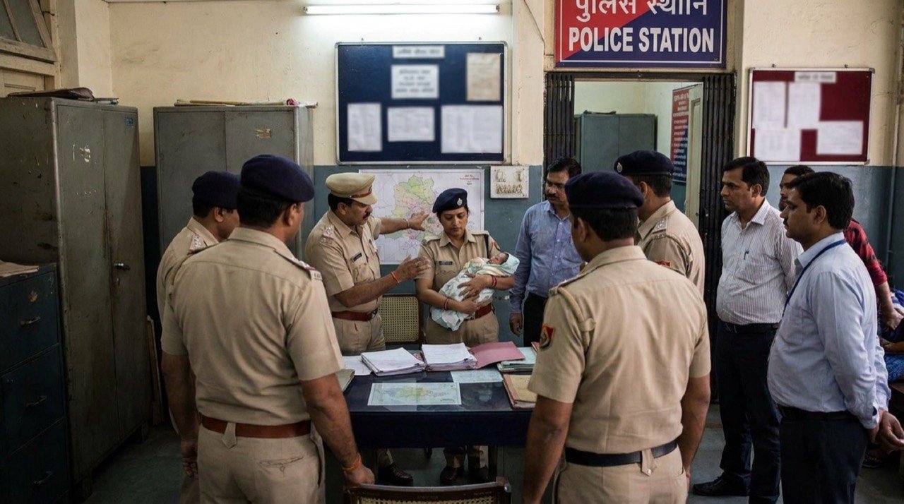 Delhi Police personnel at a station after rescuing an infant in a suspected child-trafficking case