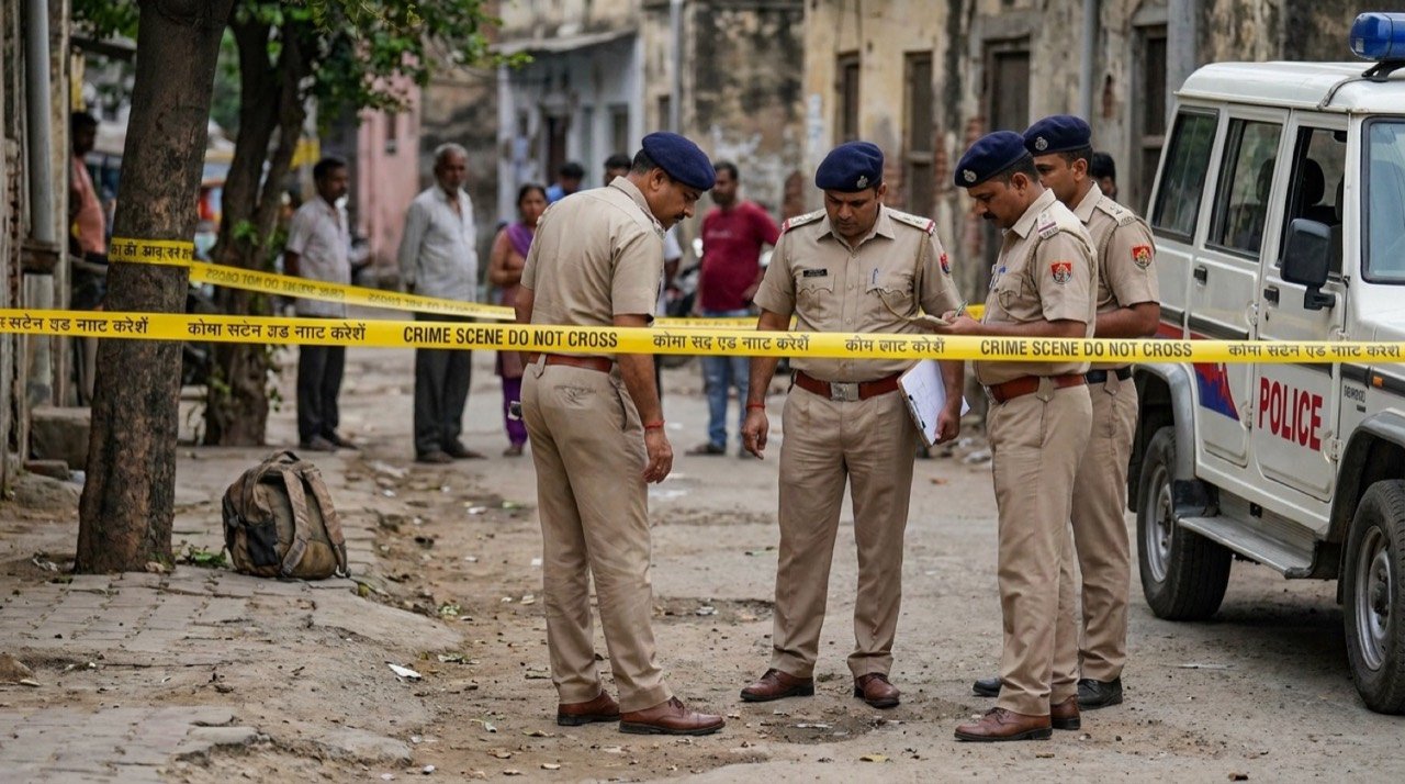Police investigation at a Mehrauli pavement in Delhi after the abduction and murder of an 11-year-old girl