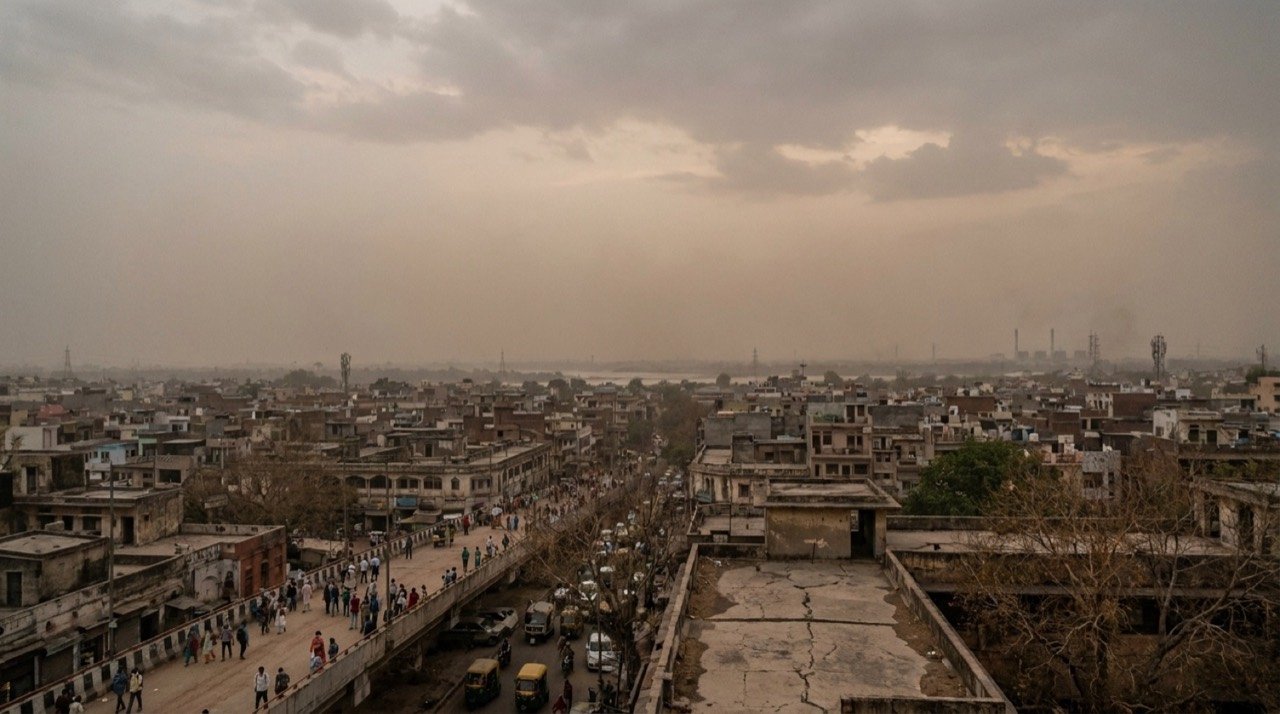 Hazy Delhi skyline in late June as the city awaits monsoon rain amid a rainfall deficit and air-quality concerns