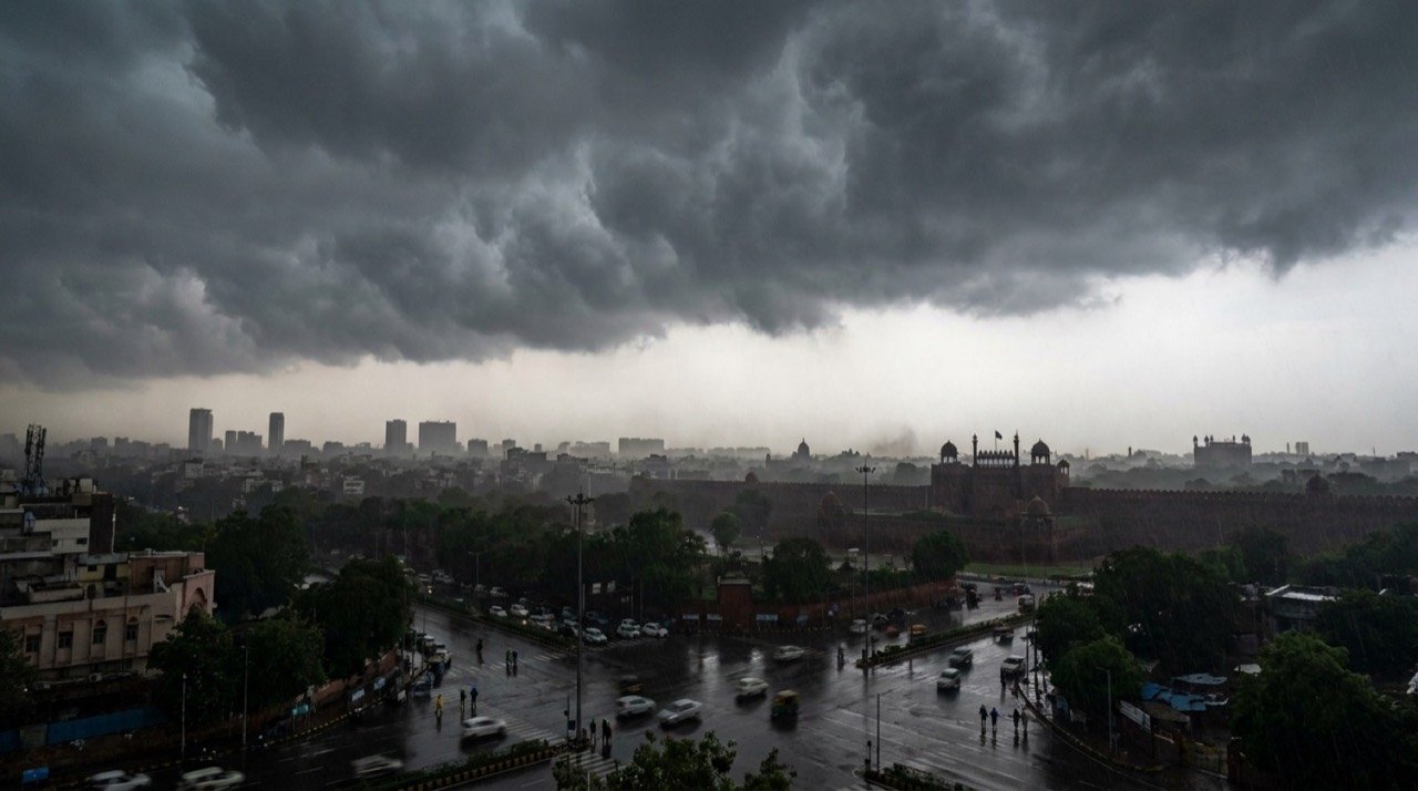 Dark storm clouds gathering over the Delhi skyline as a thunderstorm and rain alert is issued for the National Capital Region