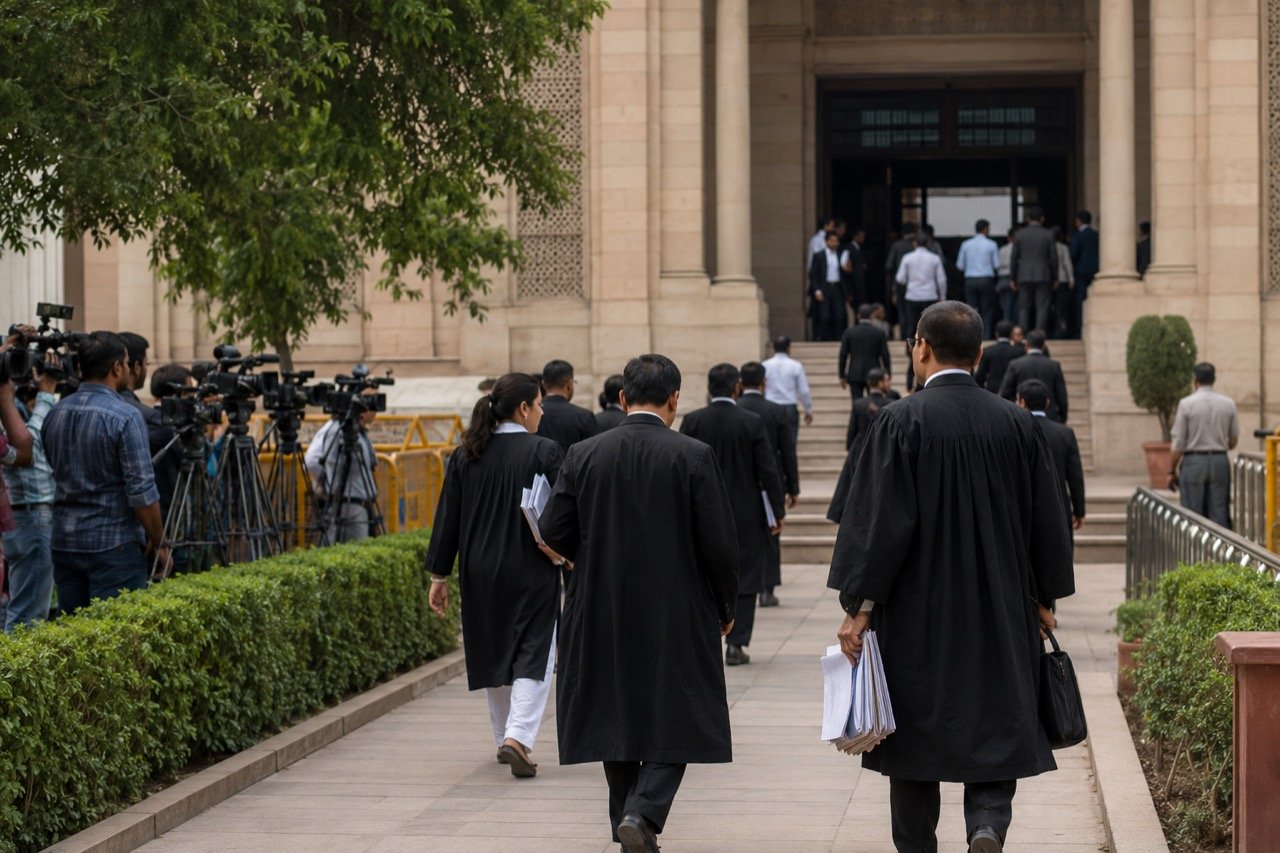 The facade of a Delhi court complex with lawyers in black robes walking past stone pillars on a busy morning