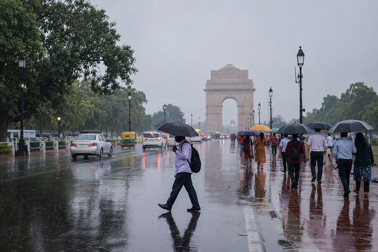 Sun blazing over Delhi's skyline with dark monsoon clouds gathering on the horizon above busy city streets