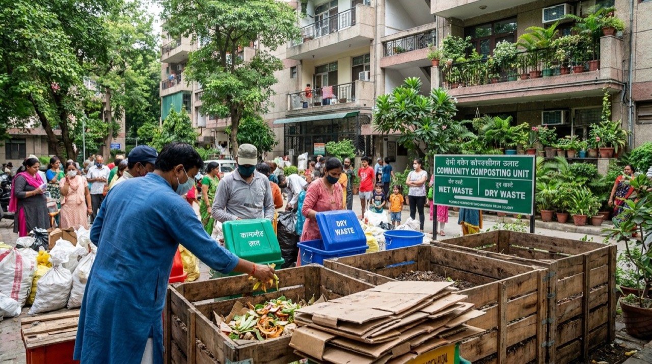 Residents segregating wet and dry waste and composting in a Delhi zero-waste residential colony as a landfill alternative