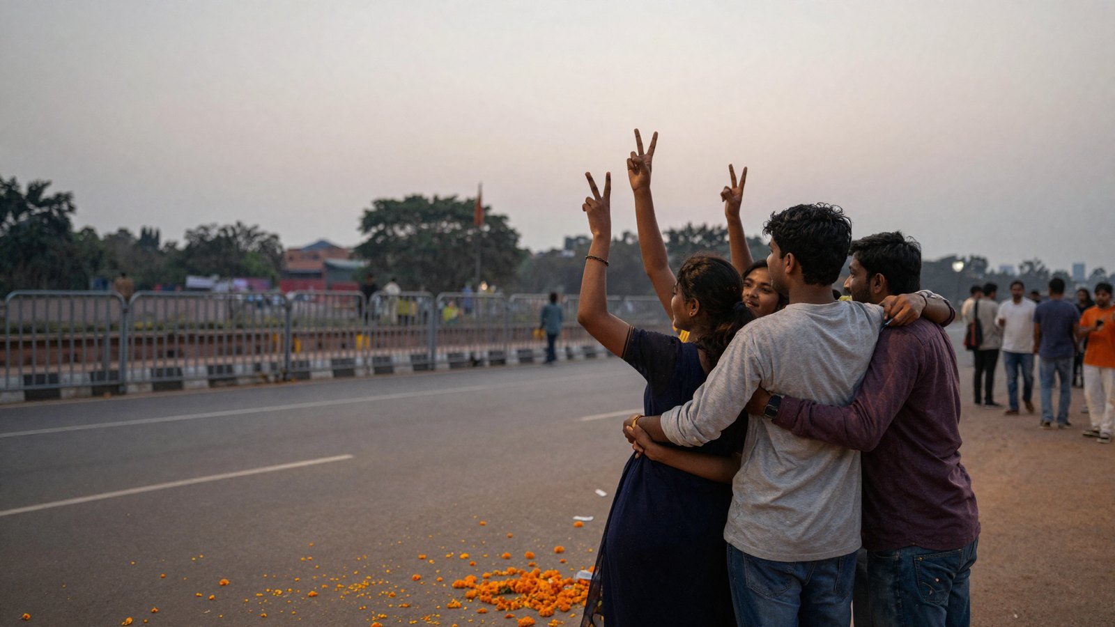 Young protesters embrace and flash victory signs at dusk on a New Delhi street after news of the education minister's resignation.