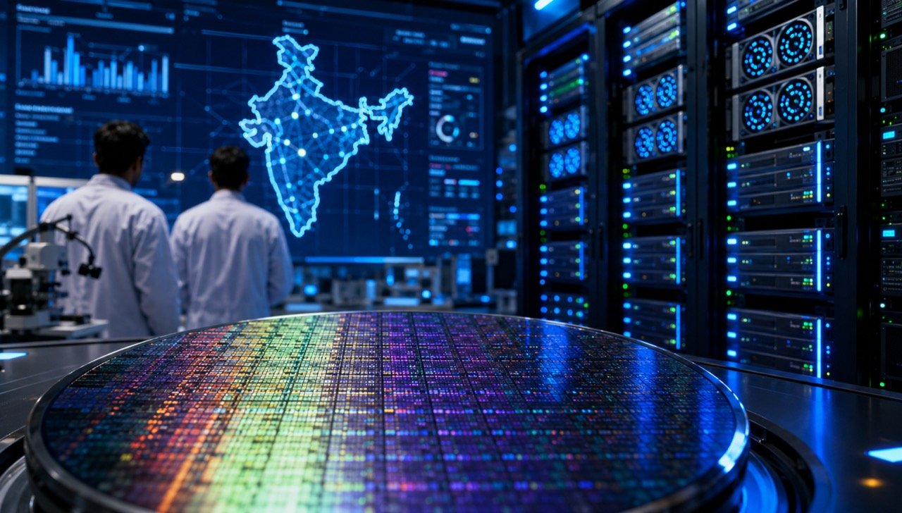 A gleaming semiconductor wafer and AI GPU chips arranged over a circuit board glowing in the colours of the Indian flag, symbolising Digital India's next technology phase