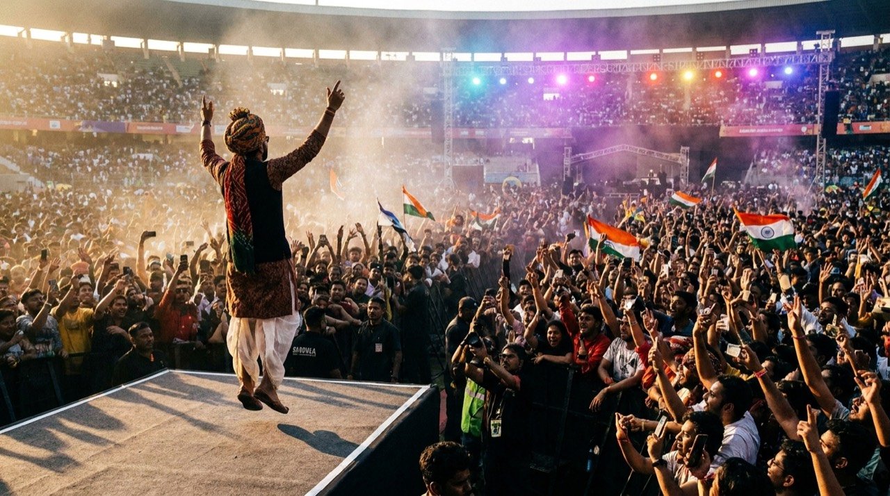 A performer in a turban energising a packed stadium crowd under bright concert lighting.
