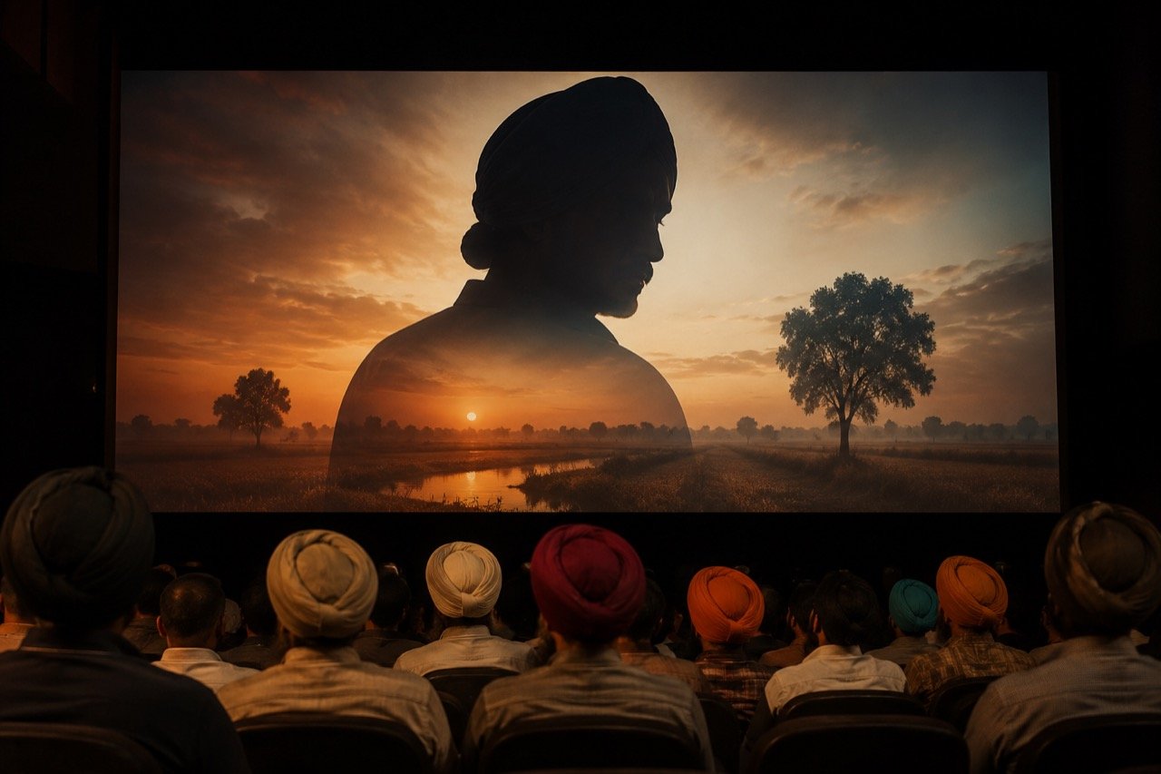 A cinema marquee at dusk displaying a Punjabi film title, with moviegoers gathered below, evoking the debate around a renamed film release