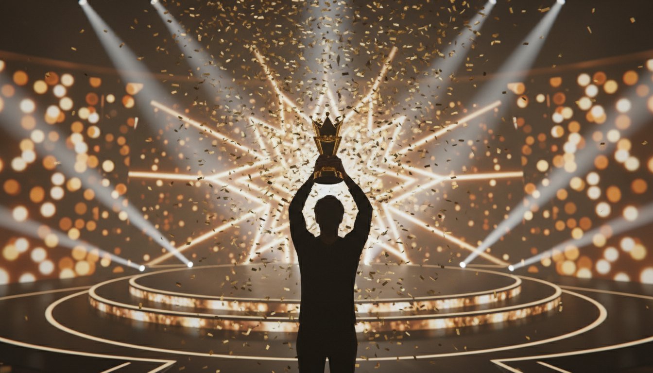 A winner's silhouette raising a trophy amid confetti and stage lights, marking a Bigg Boss finale