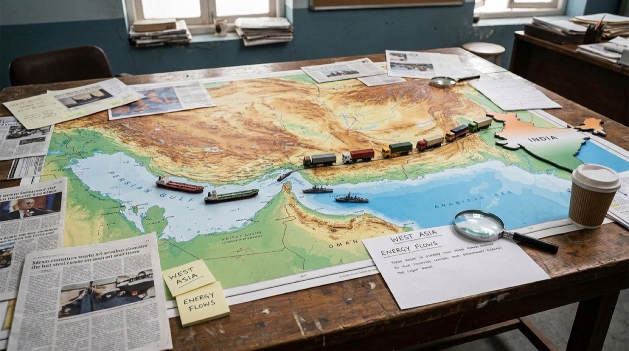 Map of the Strait of Hormuz with oil tankers, illustrating India's energy-security stake in West Asia