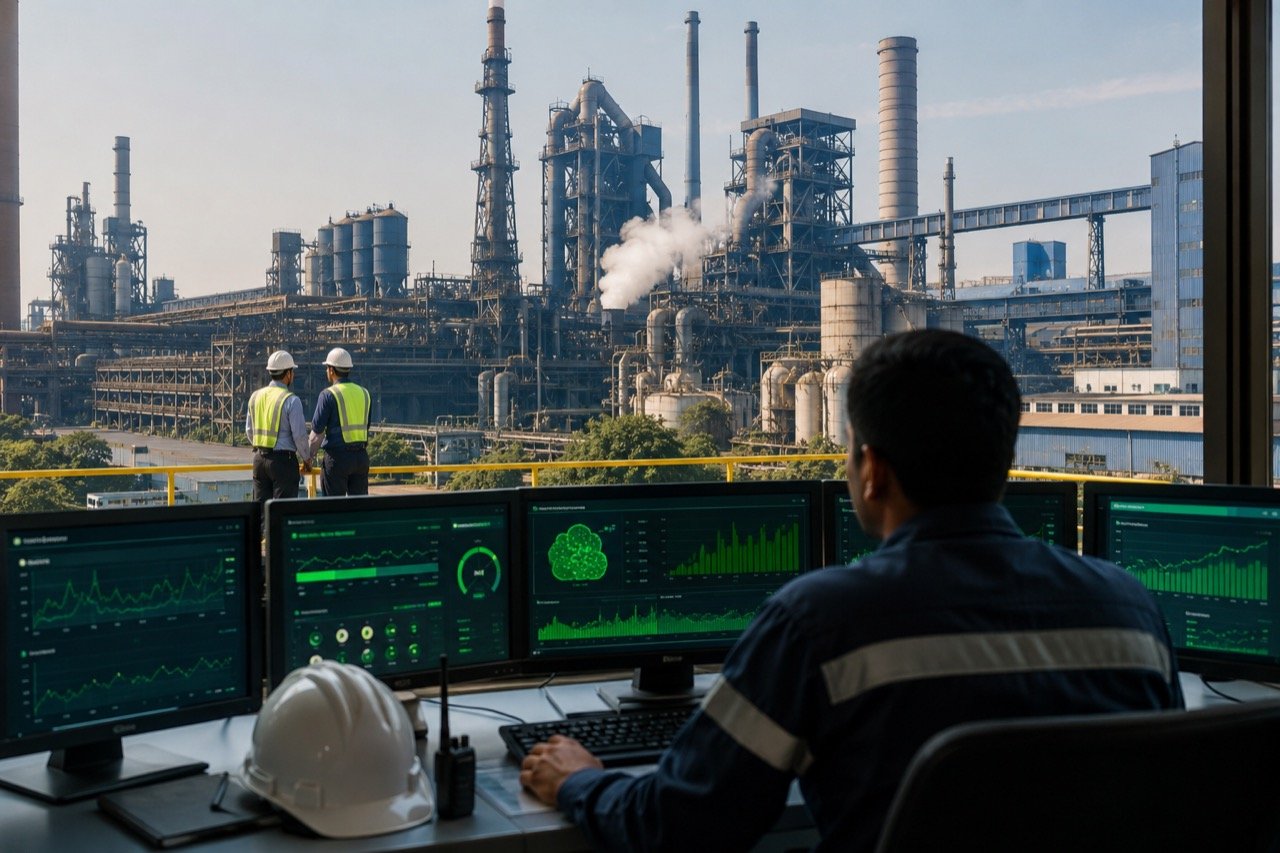 A sprawling Indian steel plant with blast furnaces and chimneys at dusk, smoke plumes rising against an orange sky, symbolising the industry's decarbonisation challenge.