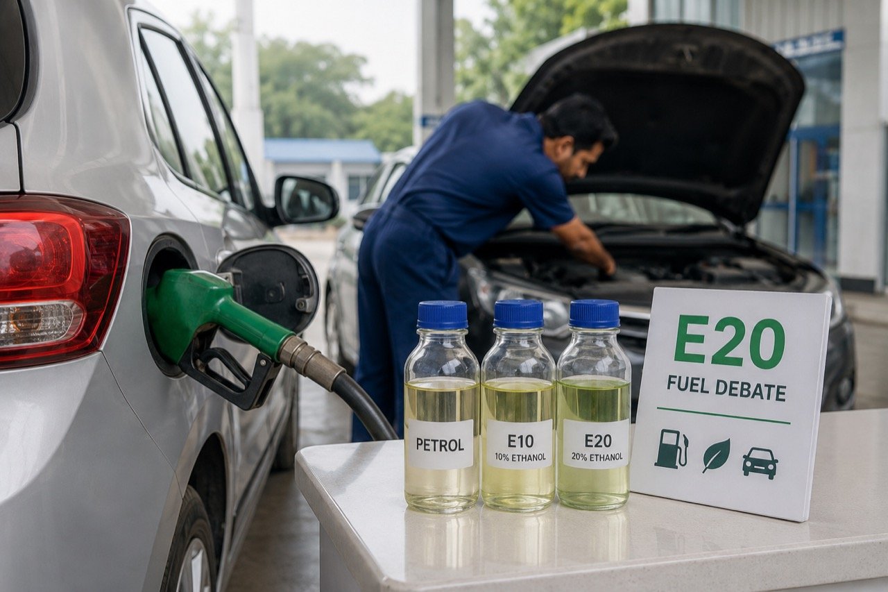 A fuel pump nozzle marked E20 filling a car at an Indian petrol station, with green ethanol-blend signage in the background