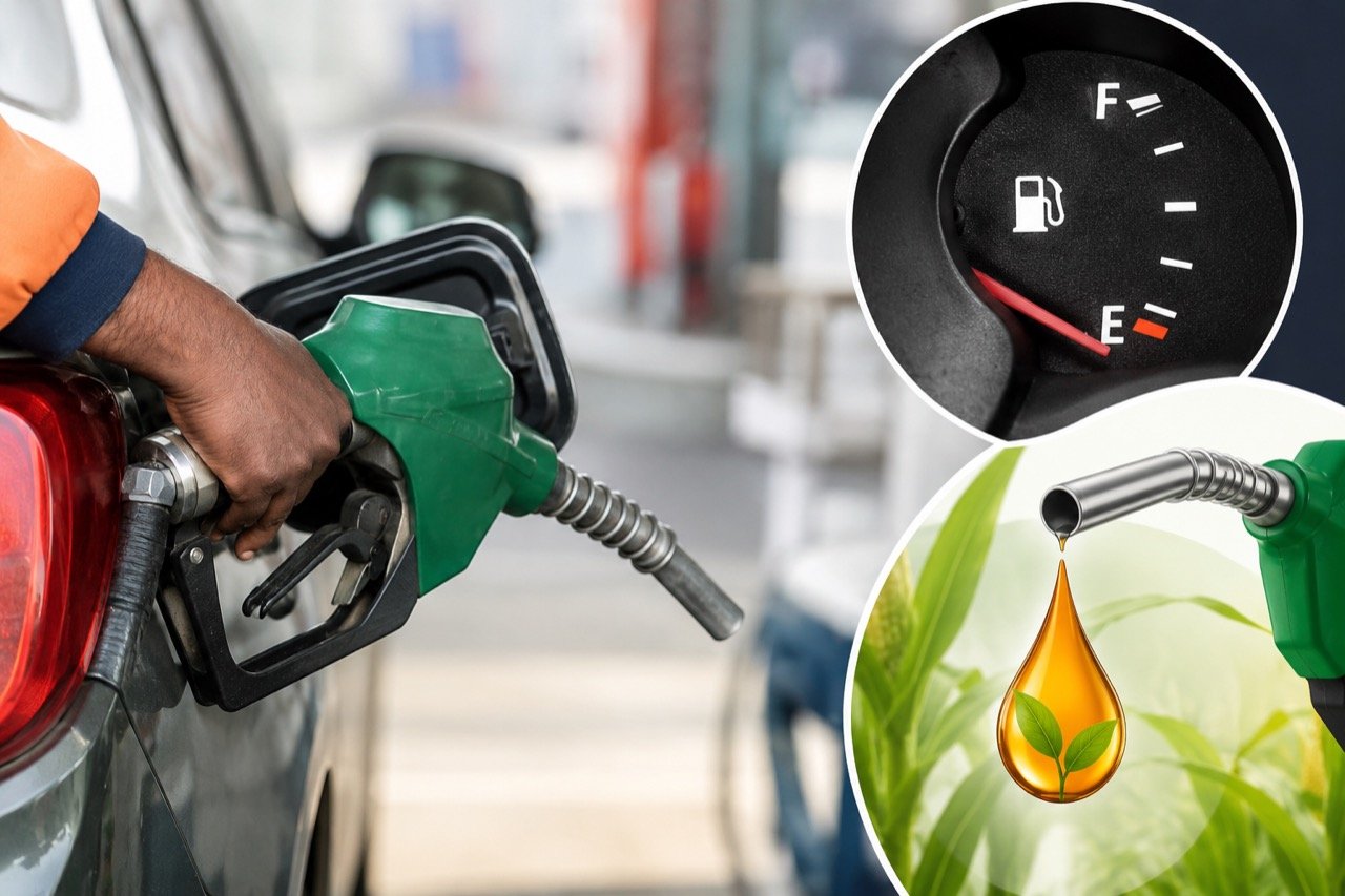 A motorist refuelling a hatchback at an Indian petrol pump with an E20 ethanol-blend label displayed on the dispenser