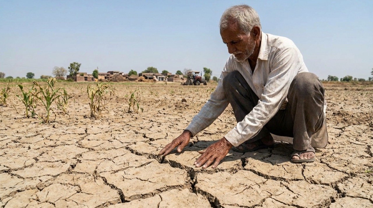A farmer examining dry, cracked soil in a field under a clear sky during a weak monsoon.