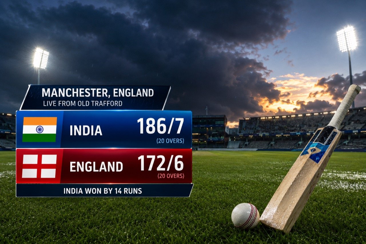 England and India cricketers contest a floodlit T20 international, with a batter driving as the wicketkeeper watches