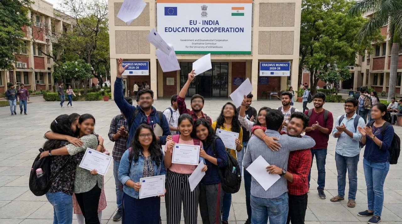 Indian students celebrating EU Erasmus Mundus scholarship awards for the 2026-28 cycle