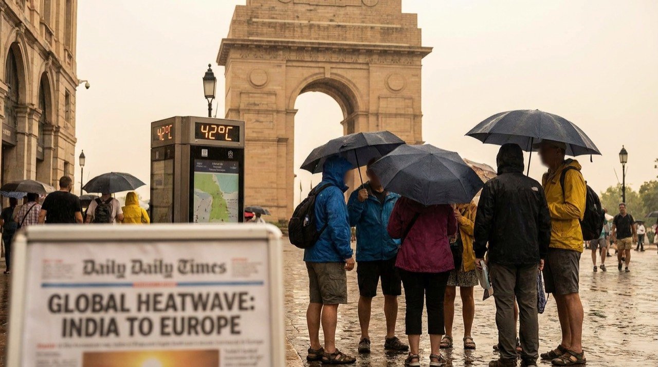 Tourists shelter under umbrellas near a European landmark during an extreme heatwave.