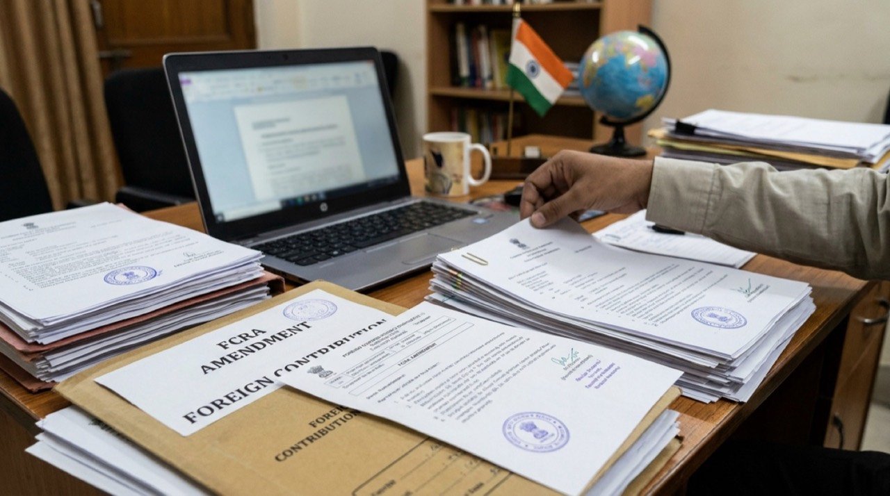 Government compliance documents and forms representing amended FCRA rules for foreign-funded organisations in India